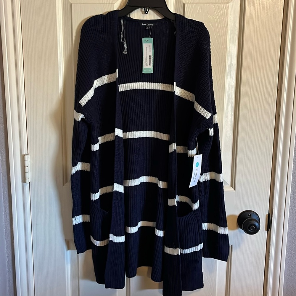 Long Navy Blue and White Striped Cardigan Sweater